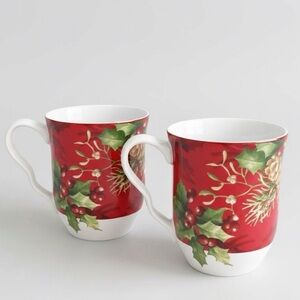 222 Fifth Poinsettia Holly Holiday Dining Mugs 12oz Fine Porcelain Ruffle Handle